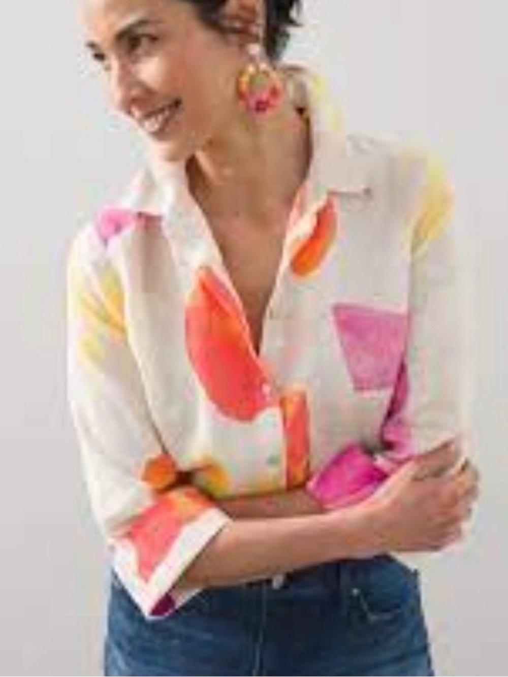 Chico's Botanic Berry Abstract Confetti No Iron Linen Button Down Shirt 2/Large